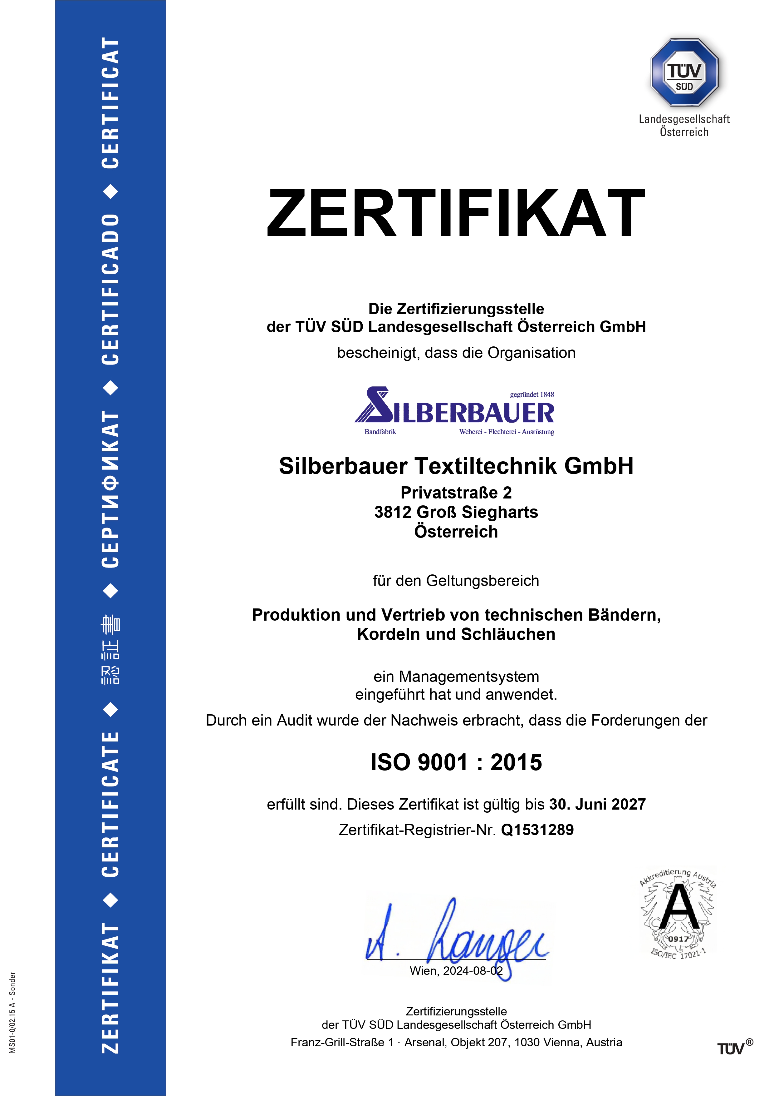 Zertifikat A4 ISO 9001 Silberbauer d