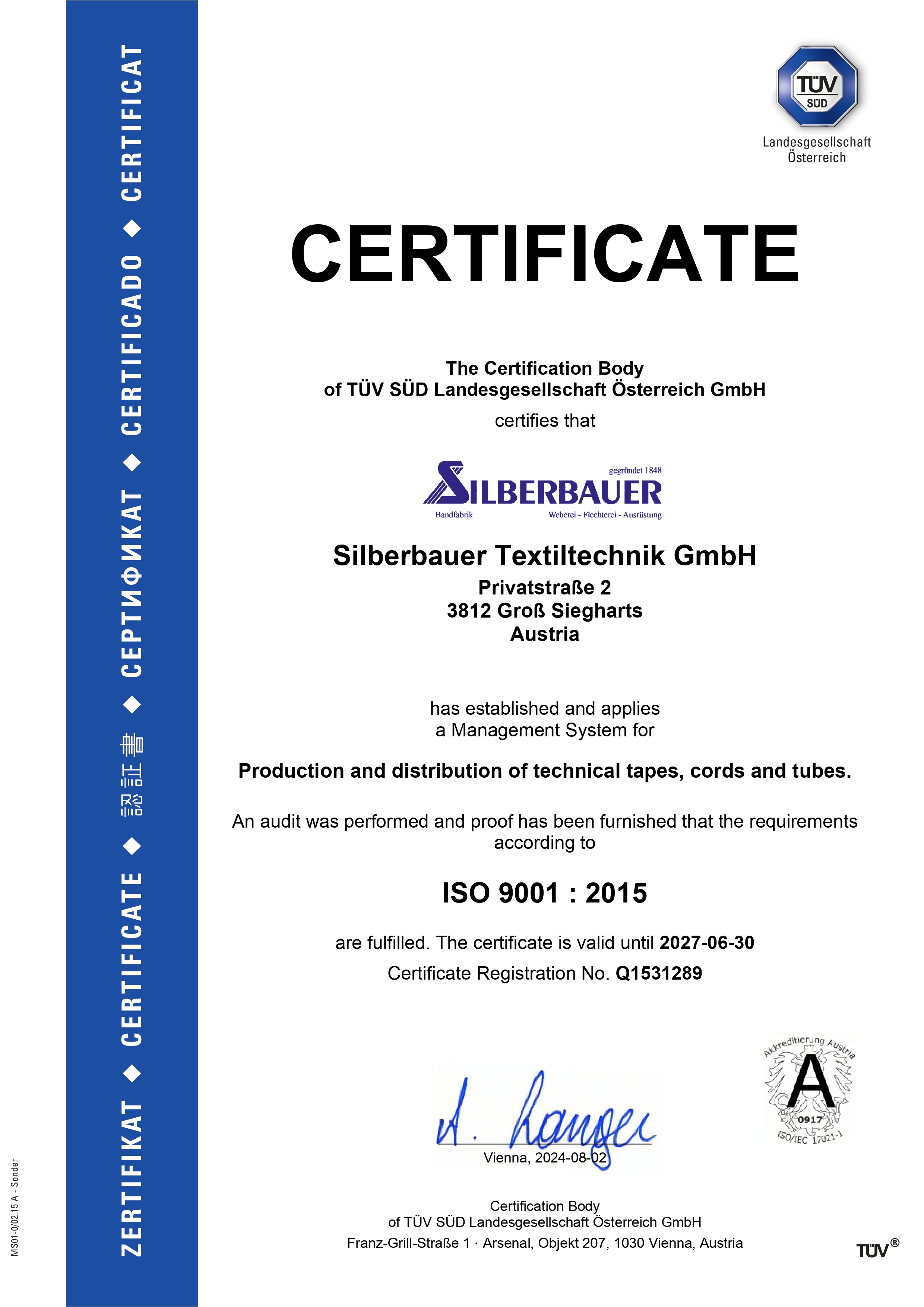 Zertifikat A4 ISO 9001 Silberbauer e